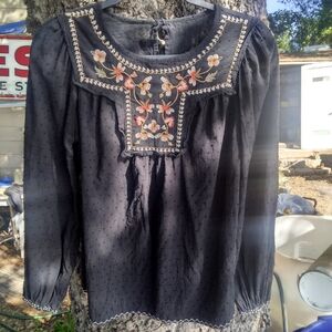 Cottagecore Embroidered Black Women's Puffy Sleeve Peasant Top